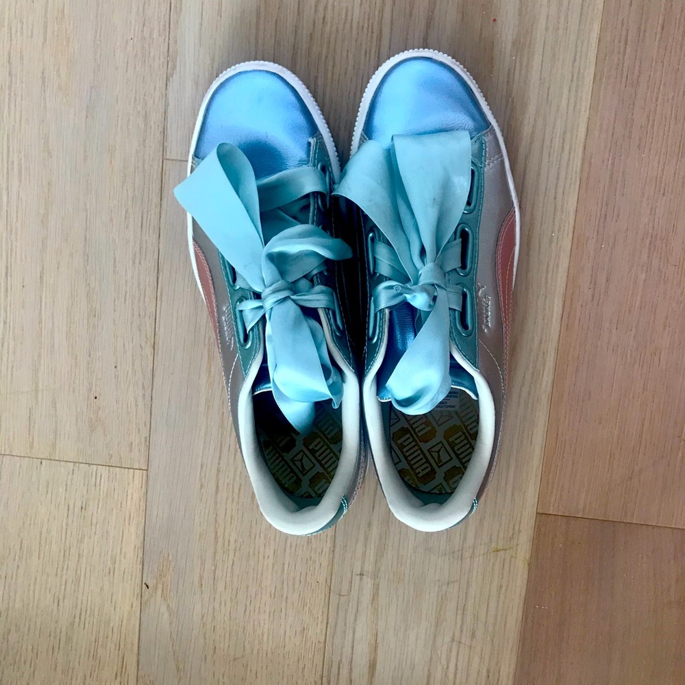 Puma Baby Blue, Pink and Silver Toned Sneakers with Ribbon-Style Laces.